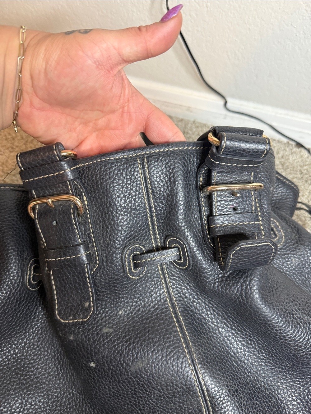 Vintage Dooney Women's Black pebbled Leather Tote Bag with Buckle Accents - Picture 6 of 11